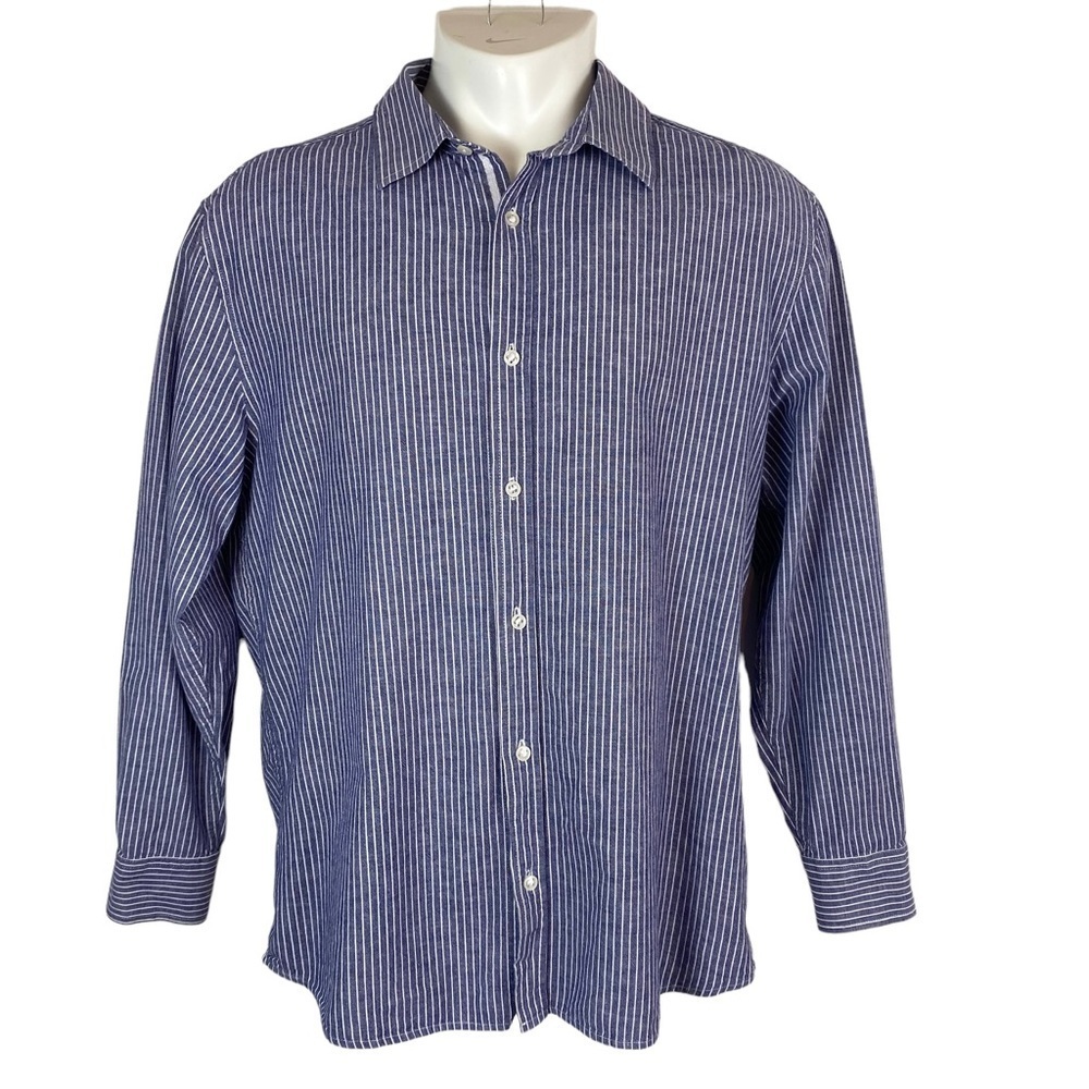 Mens Linen Shirt Size Large Blue Button Up Stripe Business Work Vacation Cruise